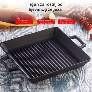 Gril tava od lijevanog željeza s dvije ručke, nepidljiva površina, debelo tijelo; za prženje, duboko prženje i pirjanje; kompatibilno s plinskim i indukcijskim pločama