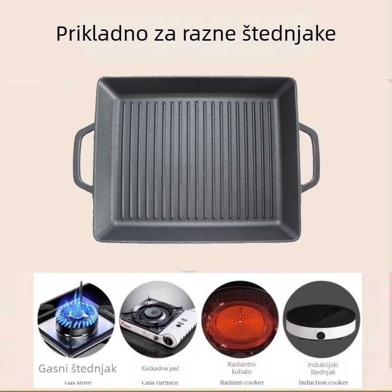 Gril tava od lijevanog željeza s dvije ručke, nepidljiva površina, debelo tijelo; za prženje, duboko prženje i pirjanje; kompatibilno s plinskim i indukcijskim pločama