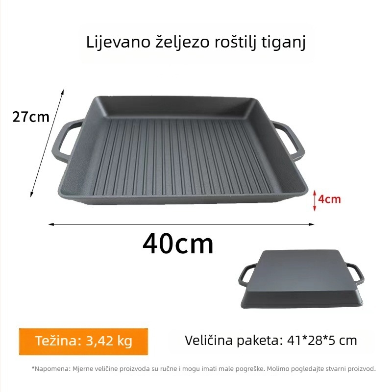 Gril tava od lijevanog željeza s dvije ručke, nepidljiva površina, debelo tijelo; za prženje, duboko prženje i pirjanje; kompatibilno s plinskim i indukcijskim pločama