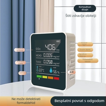 MT05 5-u-1 detektor formaldehida za kućno praćenje kvalitete zraka — mjeri temperaturu, vlagu, CO2 i formaldehid, raspon mjerenja 400–5000 ppm, točnost 10 ppm, napajanje Type-C