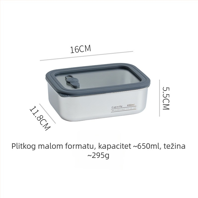 304 nehrđajući čelik, posuda za hranu s prozirnim staklenim poklopcem, hermetički zatvorena pravokutna kutija za obrok, prehrambena kvaliteta, kapacitet 1–4 L, za rezance i knedle