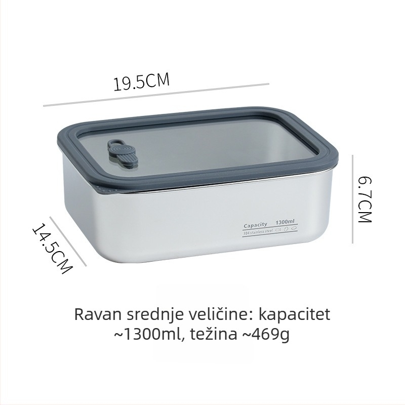 304 nehrđajući čelik, posuda za hranu s prozirnim staklenim poklopcem, hermetički zatvorena pravokutna kutija za obrok, prehrambena kvaliteta, kapacitet 1–4 L, za rezance i knedle
