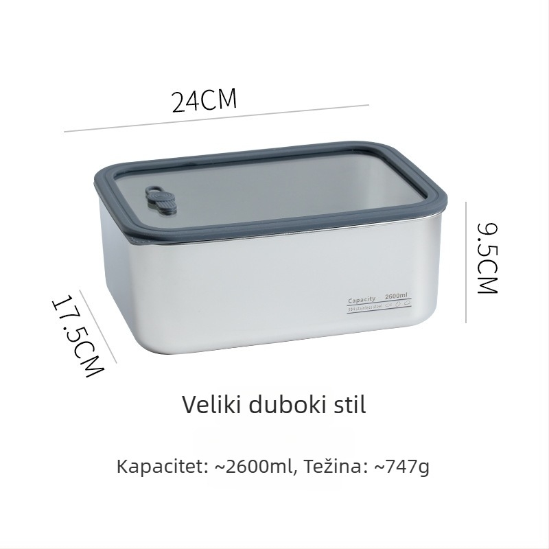 304 nehrđajući čelik, posuda za hranu s prozirnim staklenim poklopcem, hermetički zatvorena pravokutna kutija za obrok, prehrambena kvaliteta, kapacitet 1–4 L, za rezance i knedle