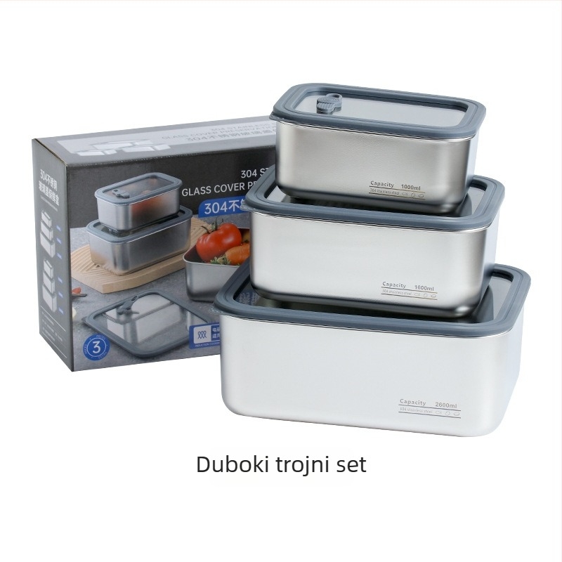 304 nehrđajući čelik, posuda za hranu s prozirnim staklenim poklopcem, hermetički zatvorena pravokutna kutija za obrok, prehrambena kvaliteta, kapacitet 1–4 L, za rezance i knedle