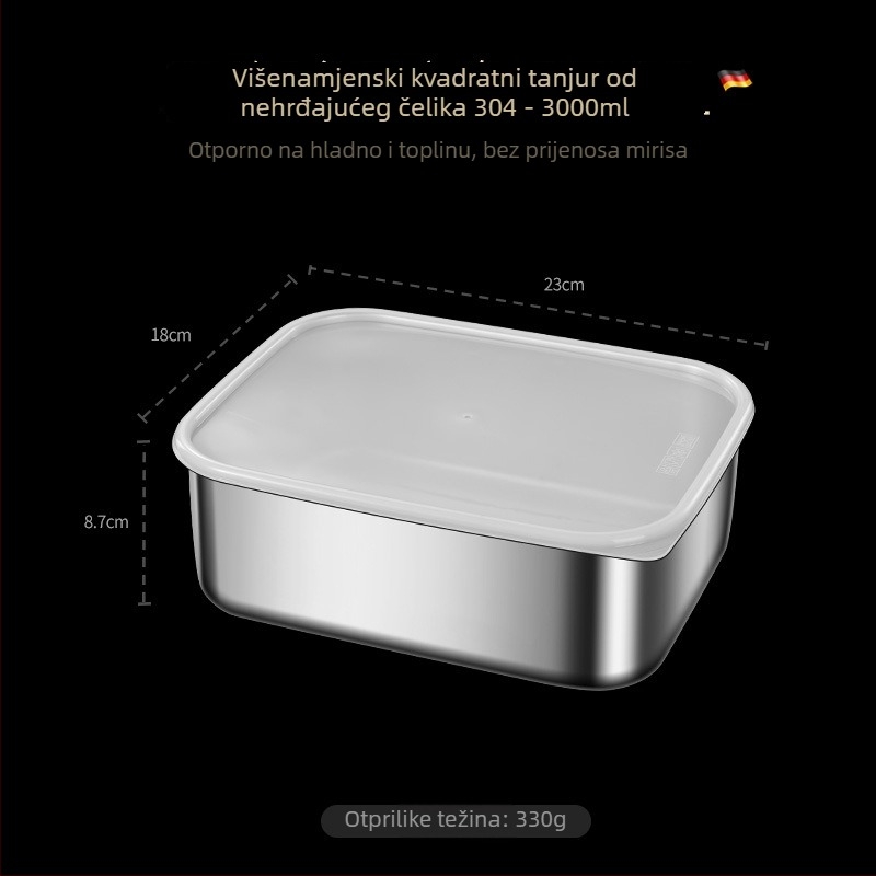 Pravokutna kutija za ručak od 304 nehrđajućeg čelika s poklopcem, prehrambena kvaliteta, velika kapaciteta, zatvorena i prenosiva