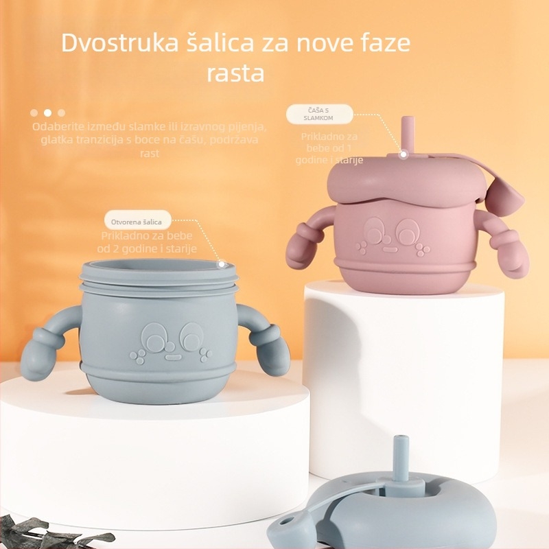 Silikonirana dječja čašica za učenje s poklopcem, slamčica protiv curenja, otporna na padove, 1 kom