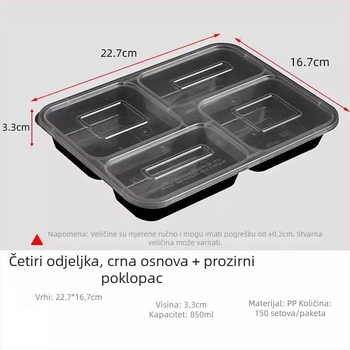 Jednokratna PP pravokutna kutija za ručak s četiri odjeljka, mikrovalna sigurna, razgradiva