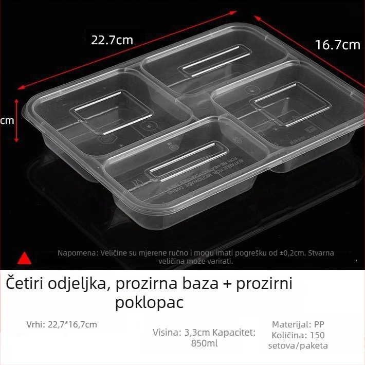Jednokratna PP pravokutna kutija za ručak s četiri odjeljka, mikrovalna sigurna, razgradiva
