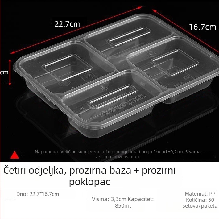 Jednokratna PP pravokutna kutija za ručak s četiri odjeljka, mikrovalna sigurna, razgradiva