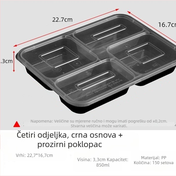 Jednokratna PP pravokutna kutija za ručak s četiri odjeljka, mikrovalna sigurna, razgradiva