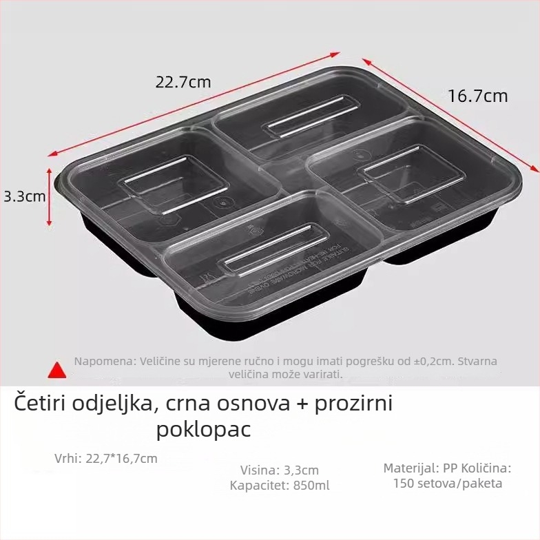 Jednokratna PP pravokutna kutija za ručak s četiri odjeljka, mikrovalna sigurna, razgradiva