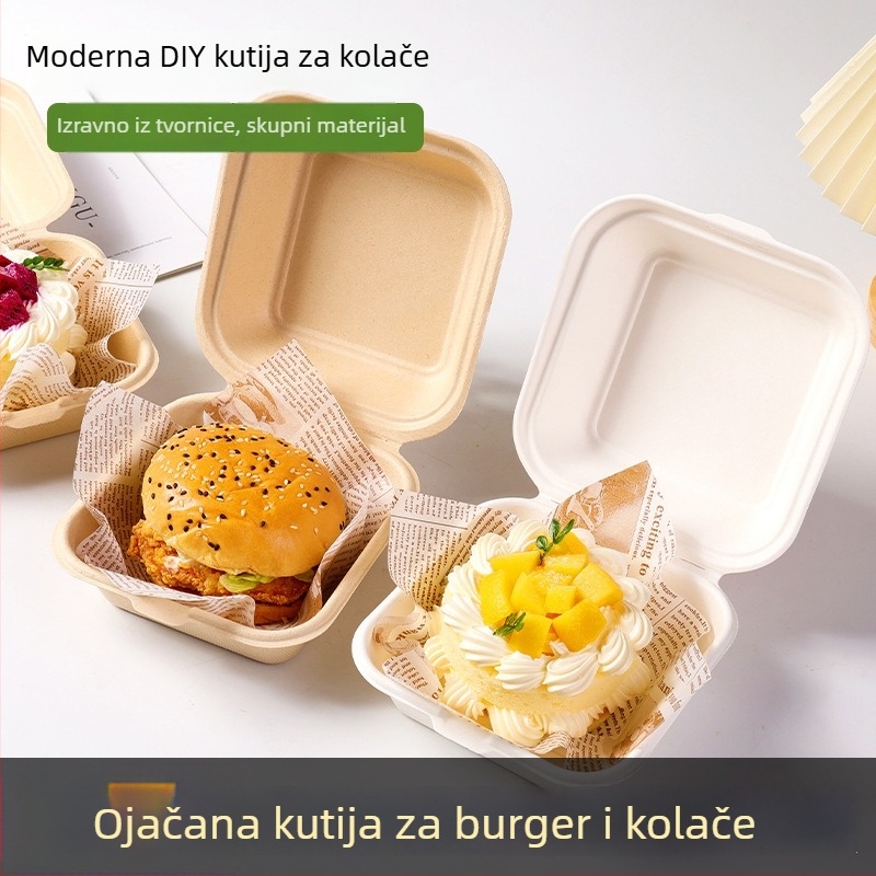 Jednokratna kutija za burgere od celuloznog pulpa, četvrtasti oblik, debljina 0,6 mm, kapacitet 450 ml, biološki razgradiva