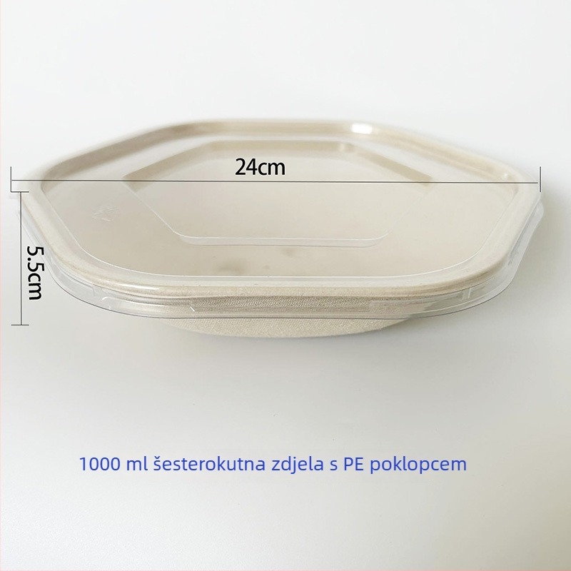 Jednokratna šestougaona kutija za obrok od papirnog pulpa, biološki razgradiva, debljina 0,03 mm, kapacitet 700/1100/1300/1600 ml