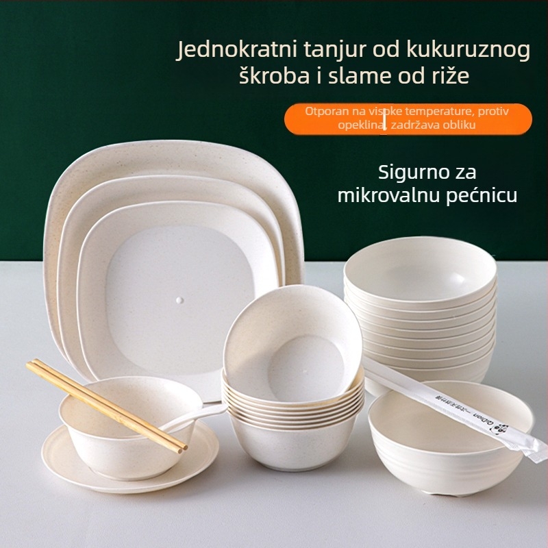 Jednokratni set posuđa na bazi kukuruznog škroba, s okruglim zdjelicama, kvadratnim tanjurima i malim žlicama – biološki razgradivo, kapacitet 350 ml