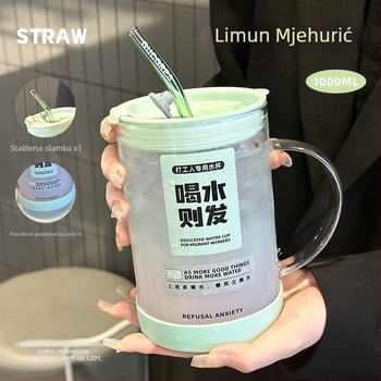 Staklena čaša za vodu s logom i slamkom, borosilikatno staklo, otporna na visoke temperature, jednostruka konstrukcija, velika kapacitet, težina 320 g, moguć ispis logotipa