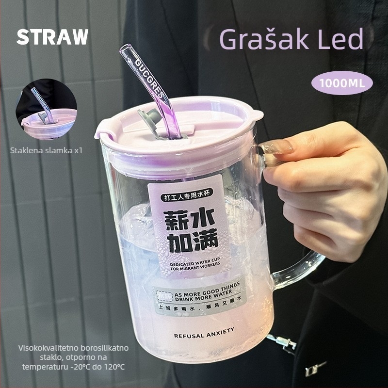 Staklena čaša za vodu s logom i slamkom, borosilikatno staklo, otporna na visoke temperature, jednostruka konstrukcija, velika kapacitet, težina 320 g, moguć ispis logotipa