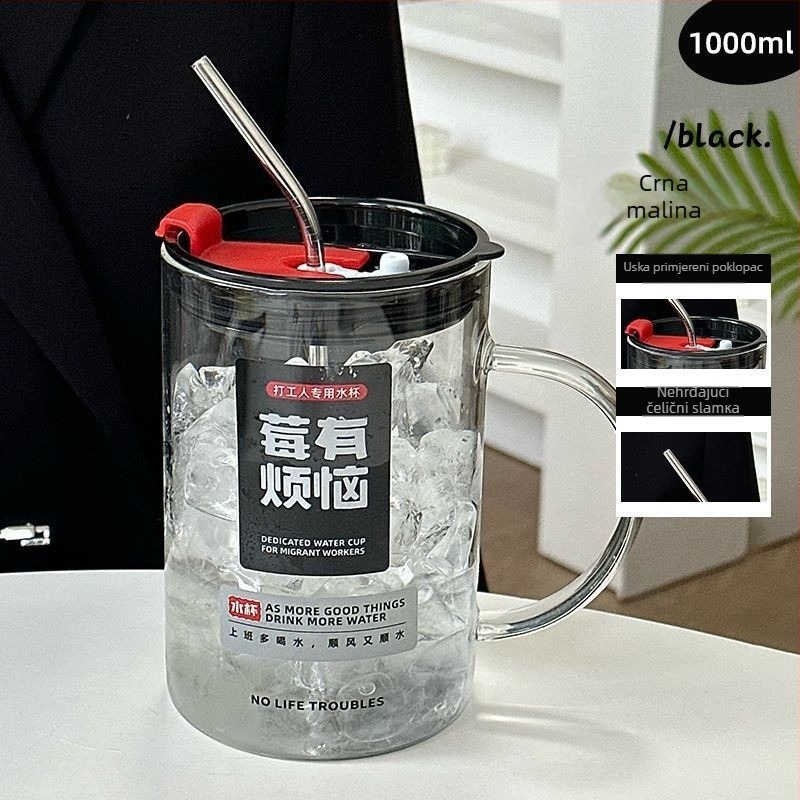 Staklena čaša za vodu s logom i slamkom, borosilikatno staklo, otporna na visoke temperature, jednostruka konstrukcija, velika kapacitet, težina 320 g, moguć ispis logotipa
