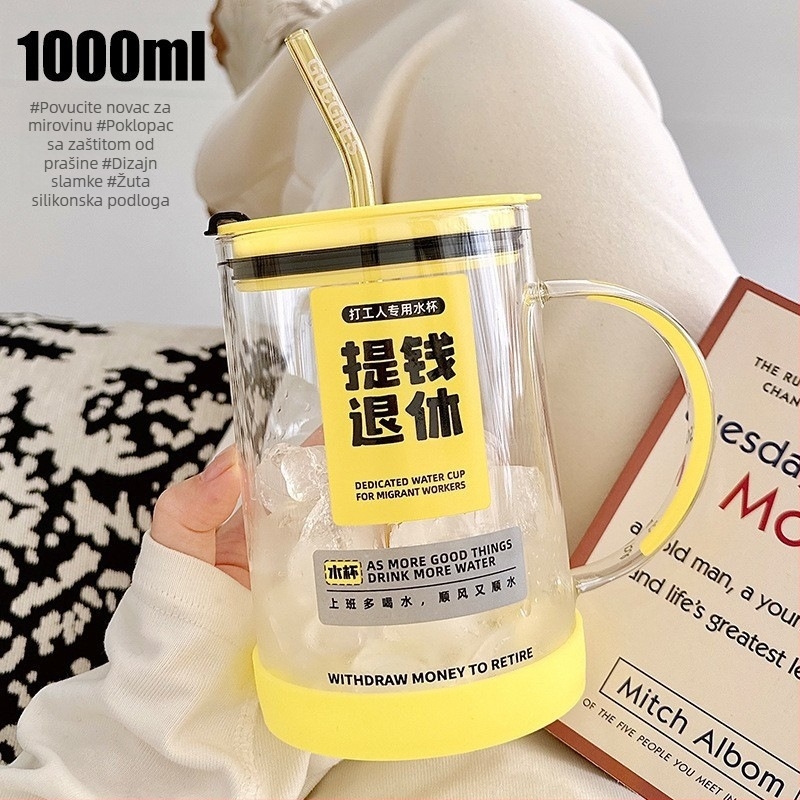 Staklena čaša za vodu s logom i slamkom, borosilikatno staklo, otporna na visoke temperature, jednostruka konstrukcija, velika kapacitet, težina 320 g, moguć ispis logotipa