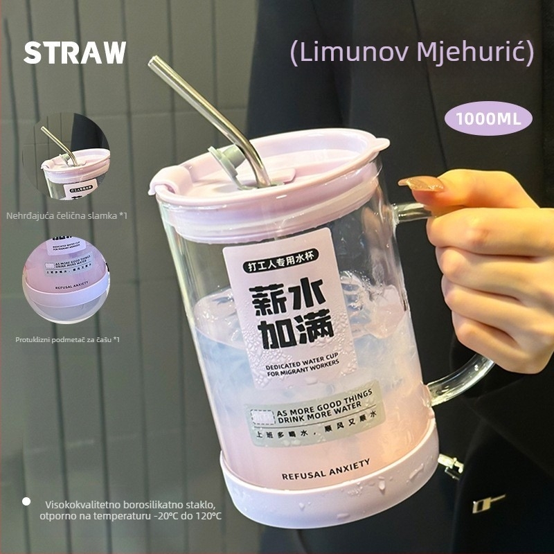 Staklena čaša za vodu s logom i slamkom, borosilikatno staklo, otporna na visoke temperature, jednostruka konstrukcija, velika kapacitet, težina 320 g, moguć ispis logotipa