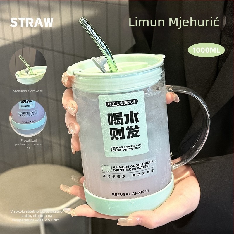 Staklena čaša za vodu s logom i slamkom, borosilikatno staklo, otporna na visoke temperature, jednostruka konstrukcija, velika kapacitet, težina 320 g, moguć ispis logotipa