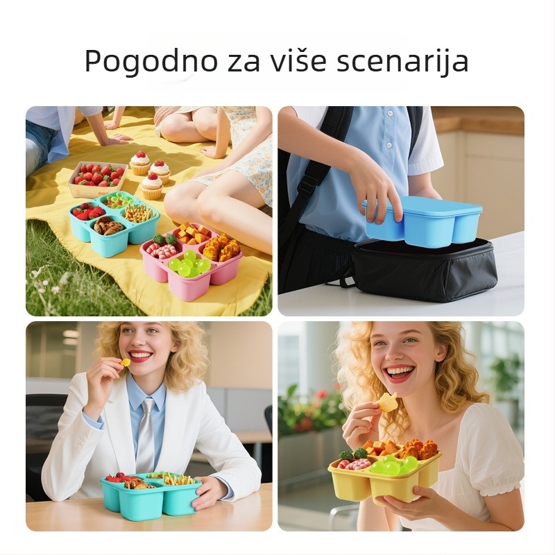 Četverodjelna silikonska kutija za hranu, s odjeljkom za salatu i dip