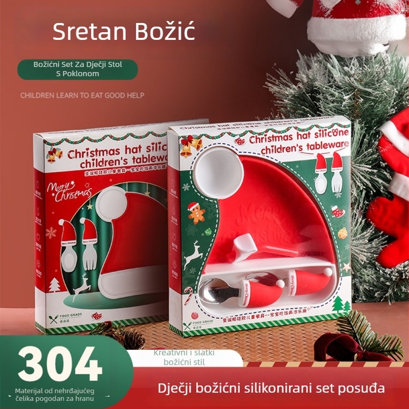 Silikonski set za hranjenje bebe: tanjur s integriranom vilicom i žlicom, 5-dijelni set, sladak crtani stil, pogodan od 6 mjeseci
