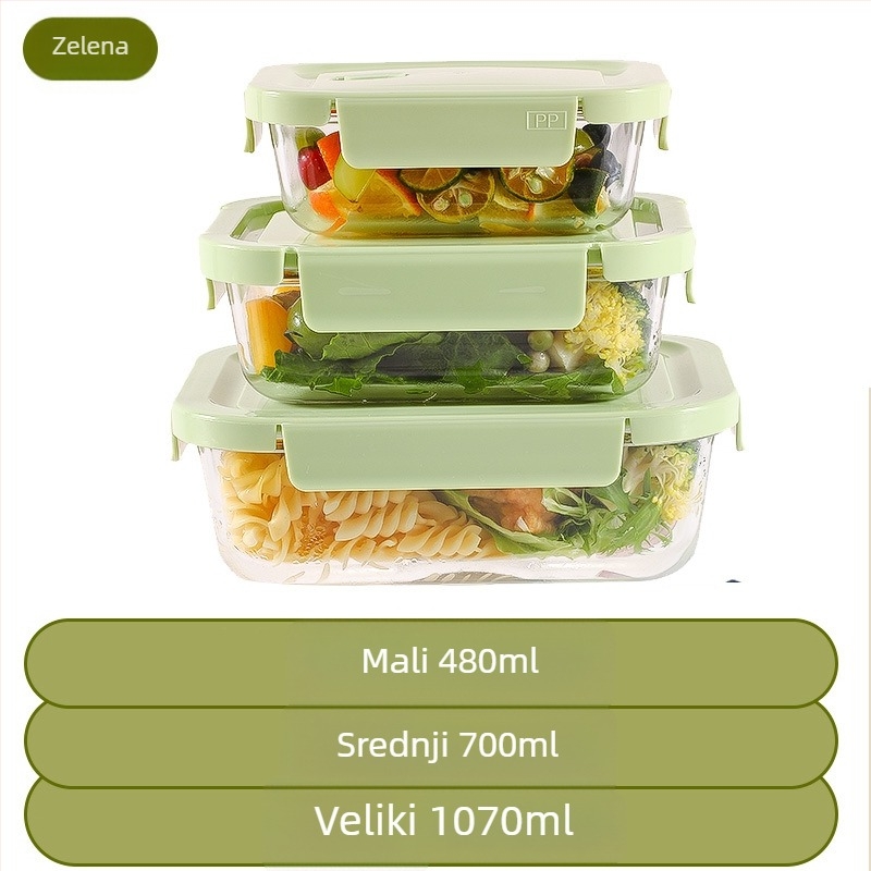 Pravougaona staklena kutija za ručak s poklopcem, hrana sigurna, mikrovalna kompatibilnost, trodijelni dizajn