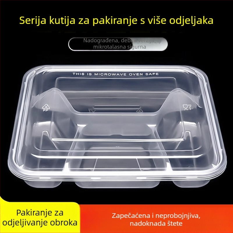 Jednokratna višekomorna kutija za obrok, debela, otporna na curenje, prozirna PP plastika, prehrambena kvaliteta