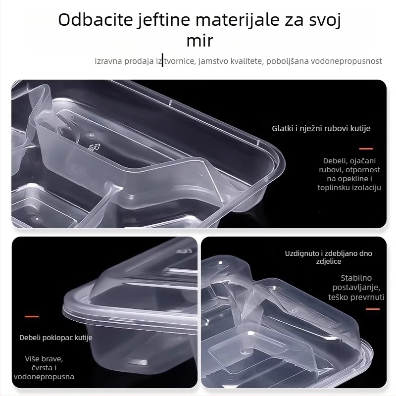 Jednokratna višekomorna kutija za obrok, debela, otporna na curenje, prozirna PP plastika, prehrambena kvaliteta