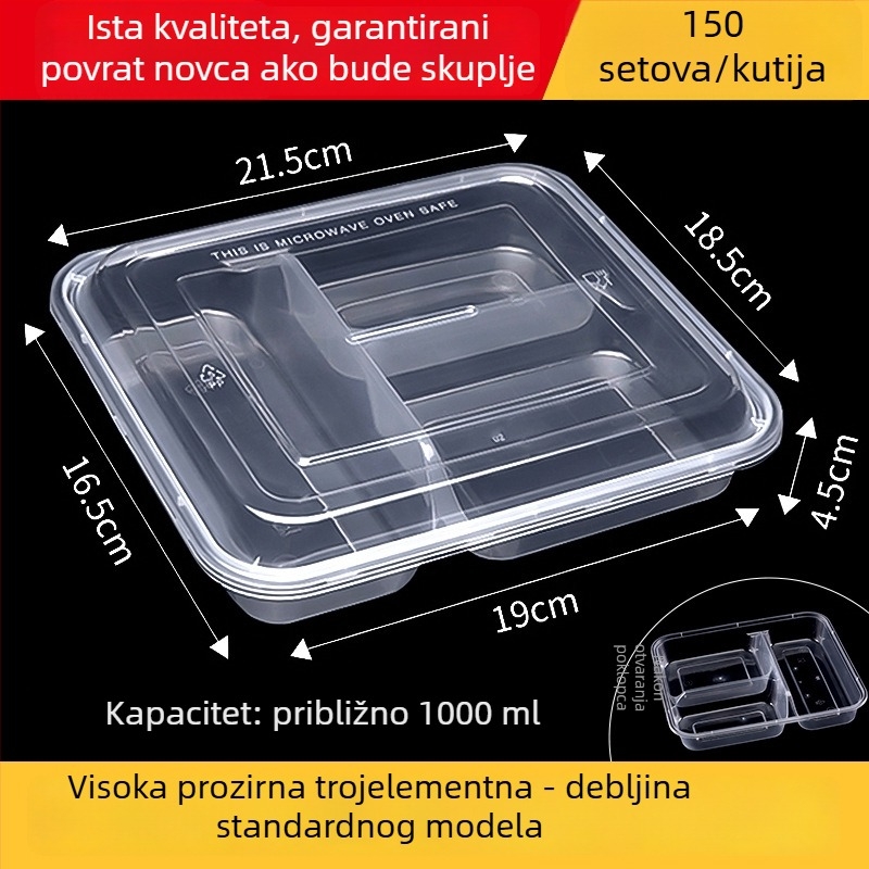 Jednokratna višekomorna kutija za obrok, debela, otporna na curenje, prozirna PP plastika, prehrambena kvaliteta