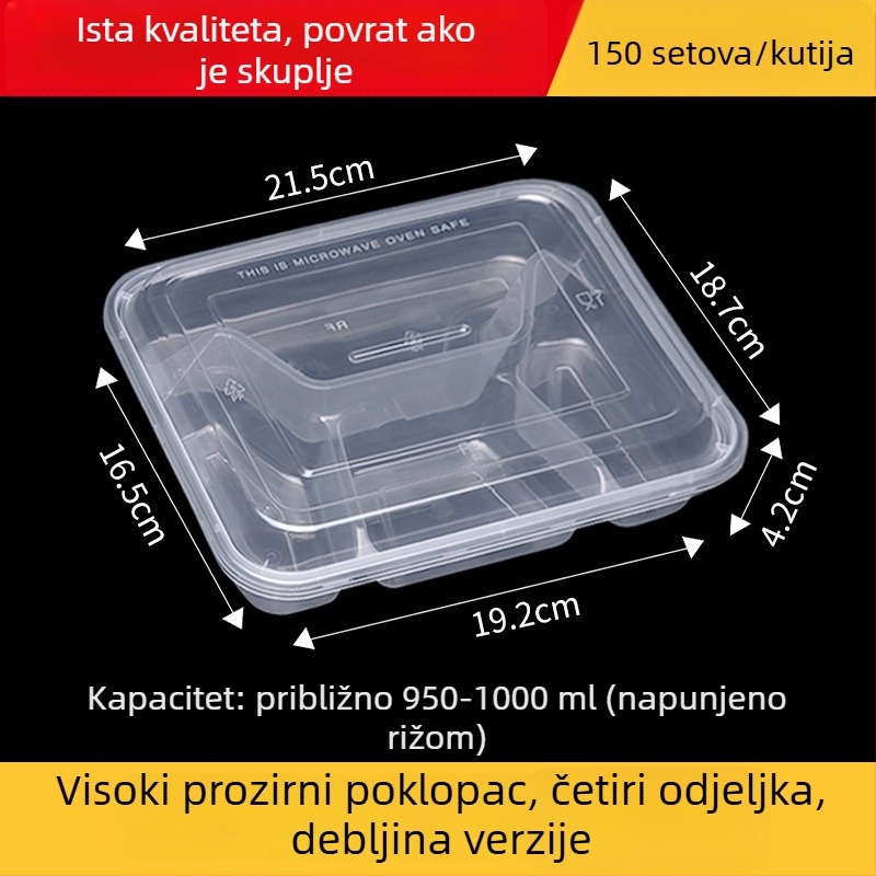 Jednokratna višekomorna kutija za obrok, debela, otporna na curenje, prozirna PP plastika, prehrambena kvaliteta