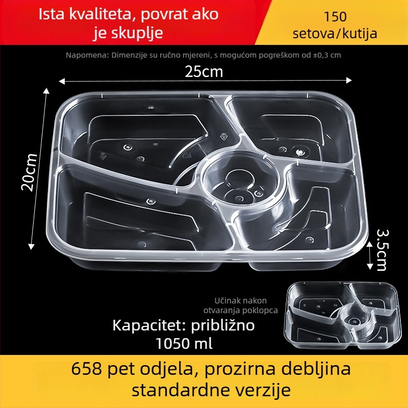 Jednokratna višekomorna kutija za obrok, debela, otporna na curenje, prozirna PP plastika, prehrambena kvaliteta