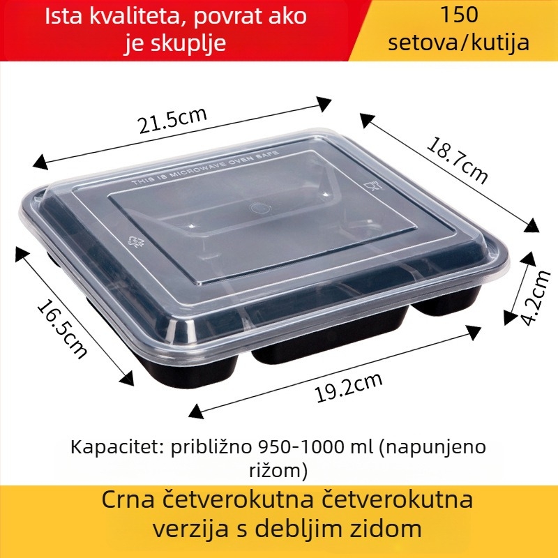 Jednokratna višekomorna kutija za obrok, debela, otporna na curenje, prozirna PP plastika, prehrambena kvaliteta