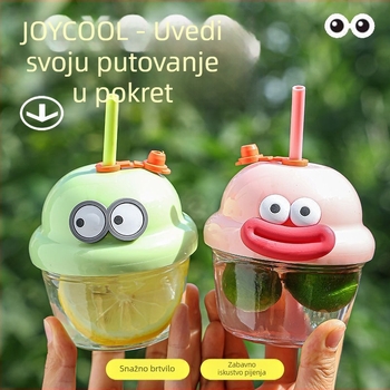 Dječji šalice za piće s crtić dizajnom i slamkom (Materijal: soda-lime staklo; Oblik: okrugao; Otporno na visoke temperature; Nepropusna; Uključuje poklopac)