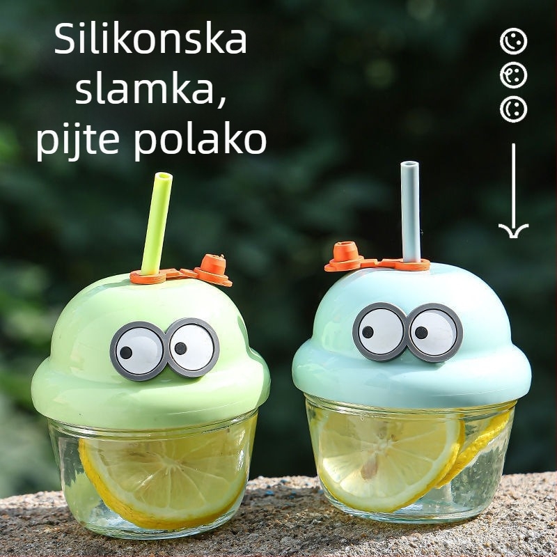 Dječji šalice za piće s crtić dizajnom i slamkom (Materijal: soda-lime staklo; Oblik: okrugao; Otporno na visoke temperature; Nepropusna; Uključuje poklopac)