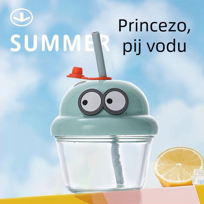 Dječji šalice za piće s crtić dizajnom i slamkom (Materijal: soda-lime staklo; Oblik: okrugao; Otporno na visoke temperature; Nepropusna; Uključuje poklopac)