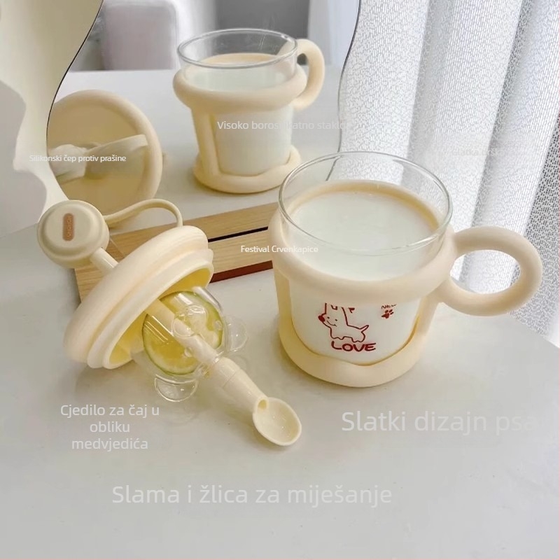 Staklena šalica za kavu s poklopcem, slamkom i žličicom – toplinski otporno borosilikatno staklo, s držačem, nepravilnog oblika, karikatura uzorak, trodijelni set