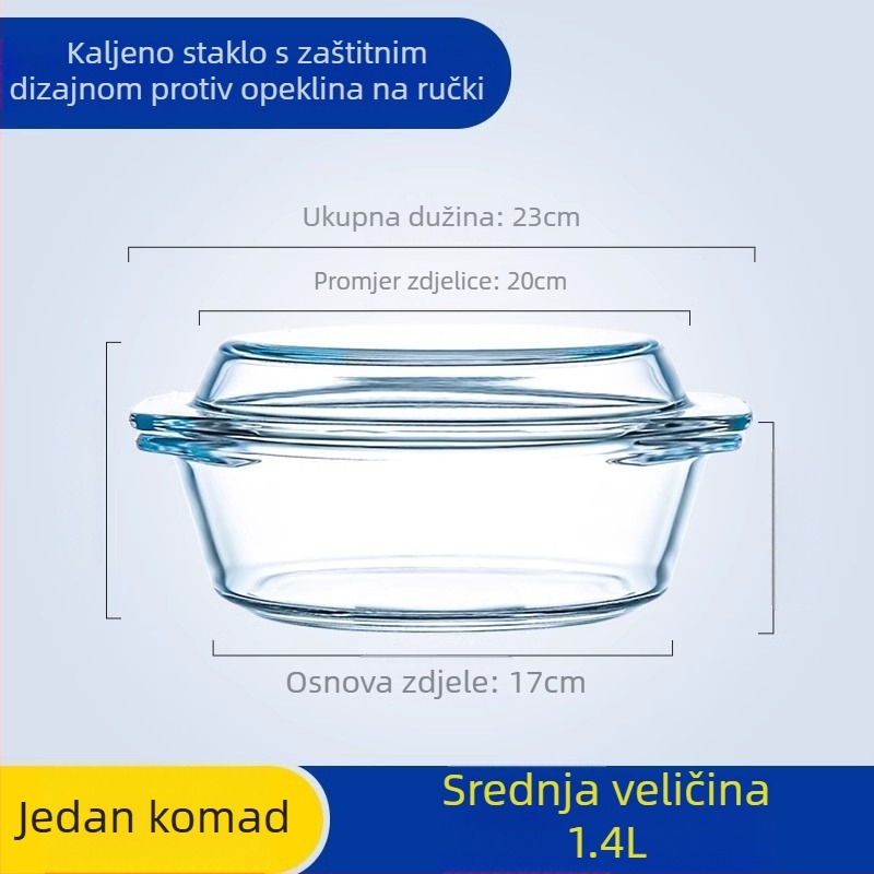 Staklena zdjela za mikrovalnu, otporna na visoke temperature, s dvostrukim držačima, okruglog oblika, promjer 21–22,9 cm