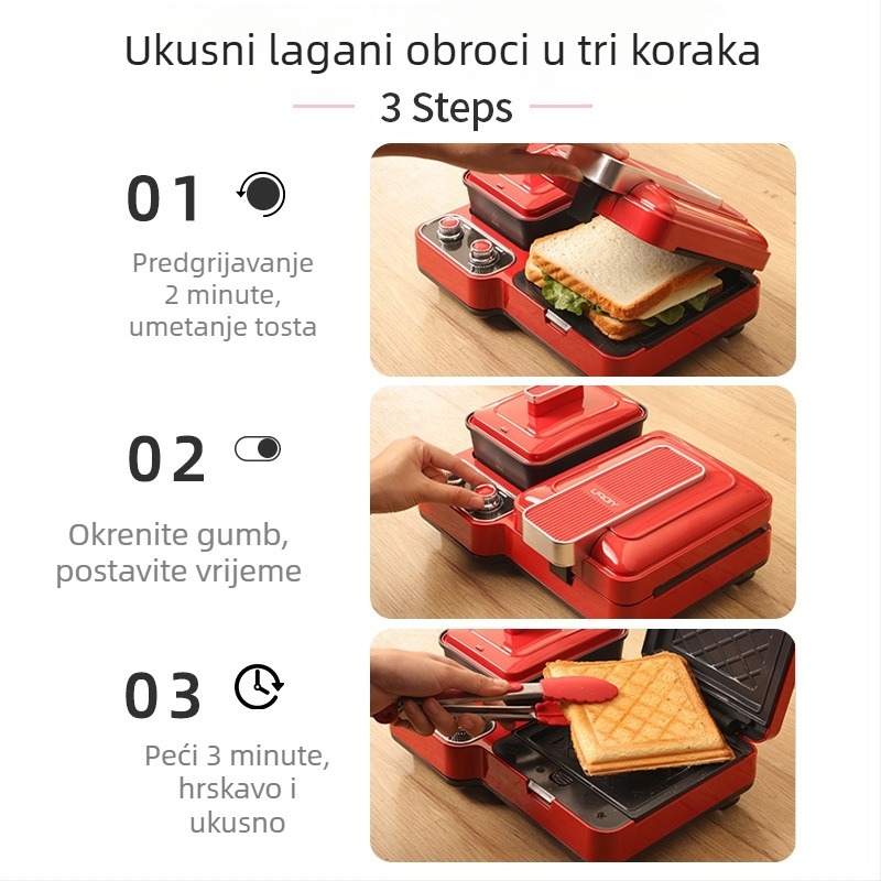 Yidepu YD-520Z 3-u-1 stroj za doručak – 1200W, 220V/50Hz; funkcije: grijanje, pečenje, kuhanje jaja, prženje jaja, odmrzavanje; potpuno automatski rad, mehanička kontrola.