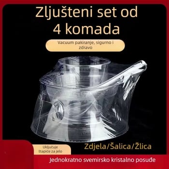 Jednokratni servis za stolovanje — četverodjelni set: zdjele, tanjuri, šalice i žlice; materijal: plast pogodan za hranu; nije biološki razgradiv