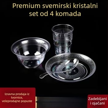 Jednokratni servis za stolovanje — četverodjelni set: zdjele, tanjuri, šalice i žlice; materijal: plast pogodan za hranu; nije biološki razgradiv