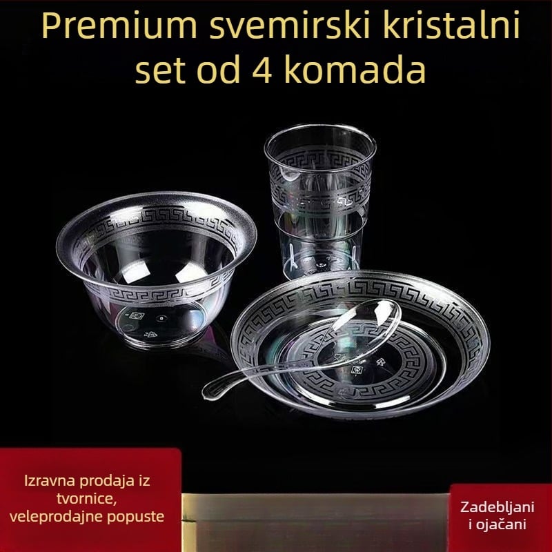 Jednokratni servis za stolovanje — četverodjelni set: zdjele, tanjuri, šalice i žlice; materijal: plast pogodan za hranu; nije biološki razgradiv