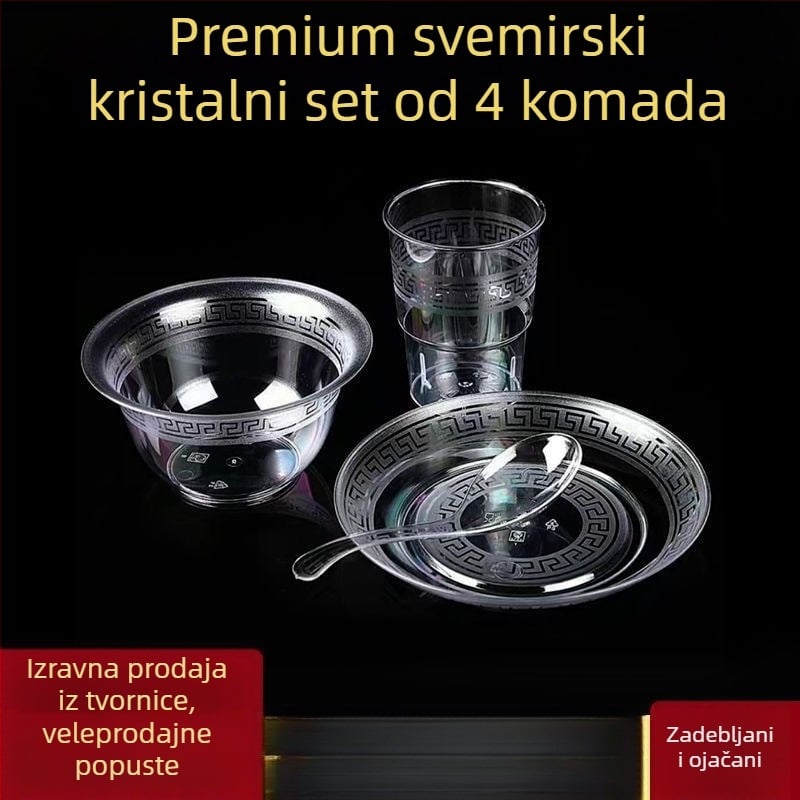 Jednokratni servis za stolovanje — četverodjelni set: zdjele, tanjuri, šalice i žlice; materijal: plast pogodan za hranu; nije biološki razgradiv