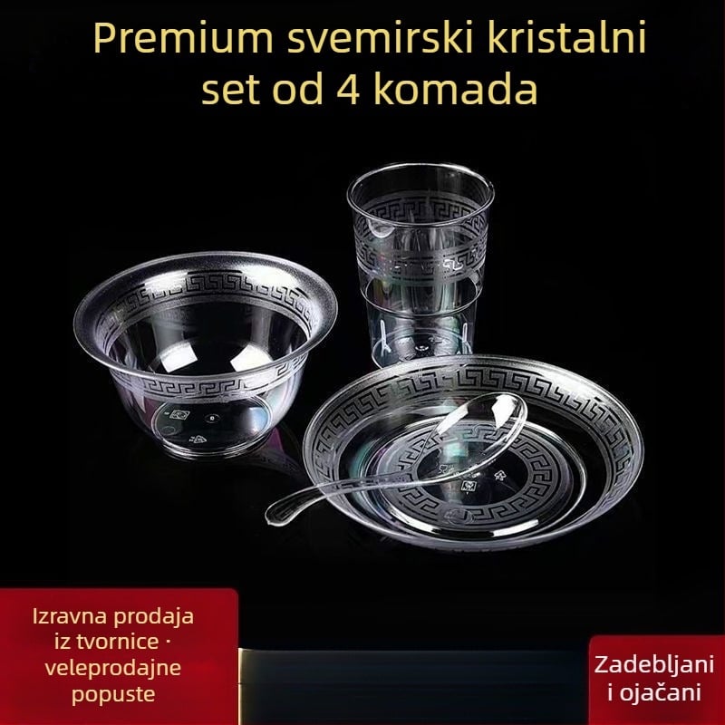 Jednokratni servis za stolovanje — četverodjelni set: zdjele, tanjuri, šalice i žlice; materijal: plast pogodan za hranu; nije biološki razgradiv