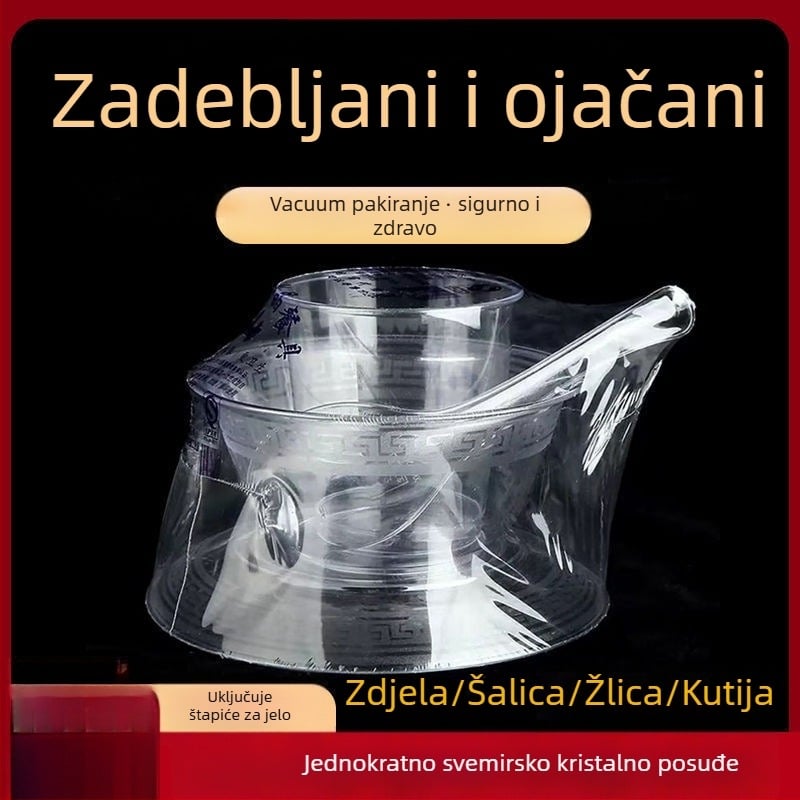 Jednokratni servis za stolovanje — četverodjelni set: zdjele, tanjuri, šalice i žlice; materijal: plast pogodan za hranu; nije biološki razgradiv