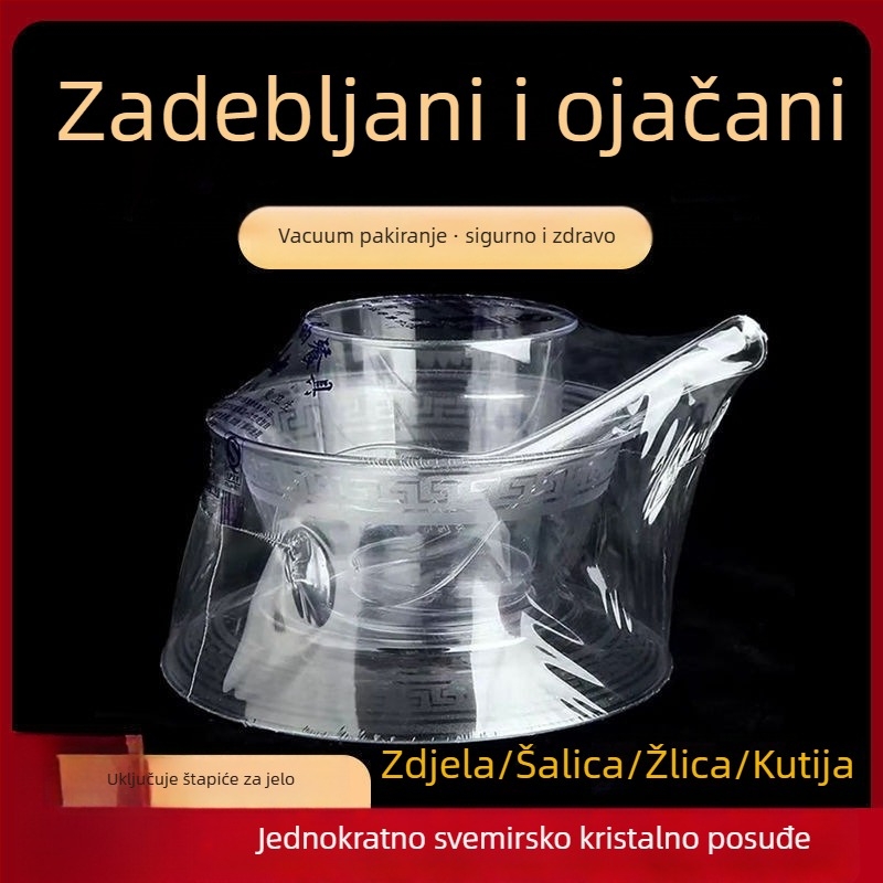 Jednokratni servis za stolovanje — četverodjelni set: zdjele, tanjuri, šalice i žlice; materijal: plast pogodan za hranu; nije biološki razgradiv