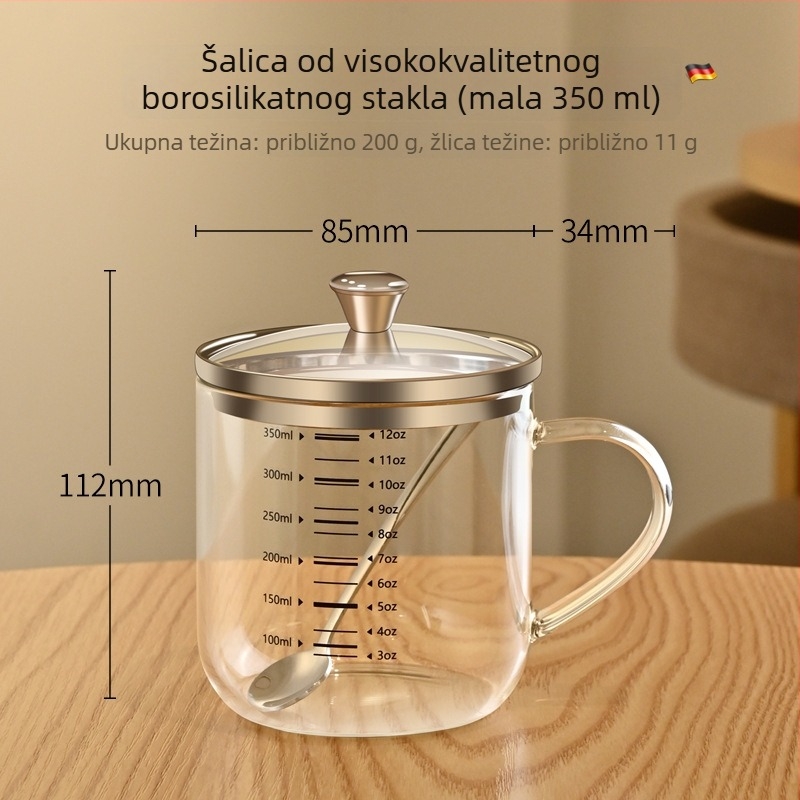 Uredska čaša od borosilikatnog stakla s graduiranom skalom mjerenja, s ručkom i žličicom, otporna na visoke temperature