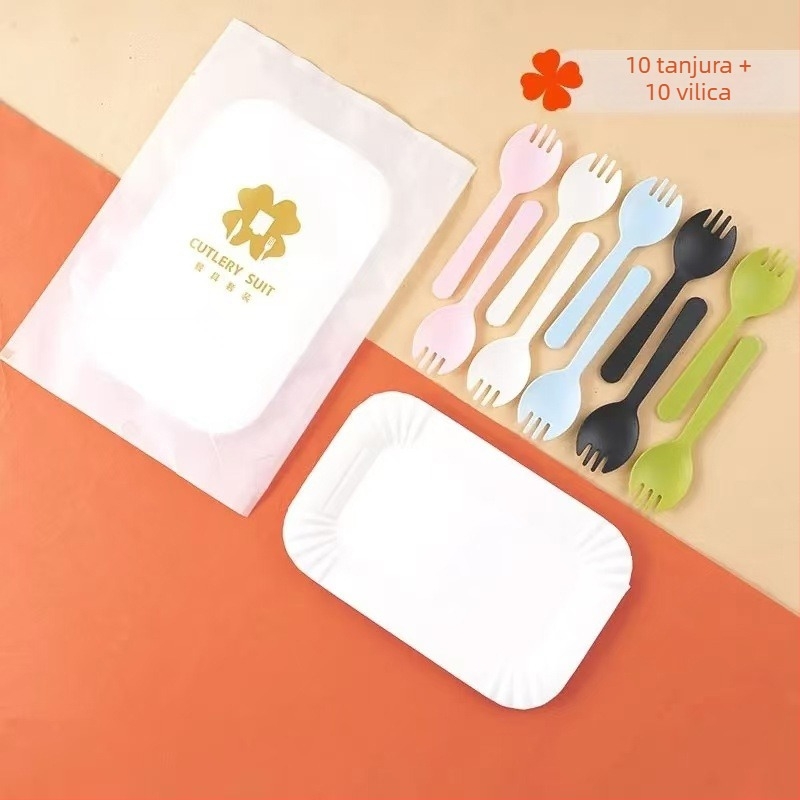 Jednokratni plastični set posuđa za pečenje i posluživanje za rođendane — kvadratne ploče, noževi i vilice, četiri u jednom pribor za tortu, mogućnost prilagođavanja logotipa