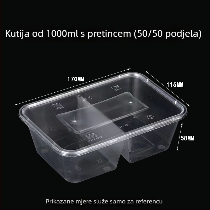 Plastična jednokratna kutija za obrok, kvalitete hrane, pravokutnog oblika, prozirna, debela, za ponijeti