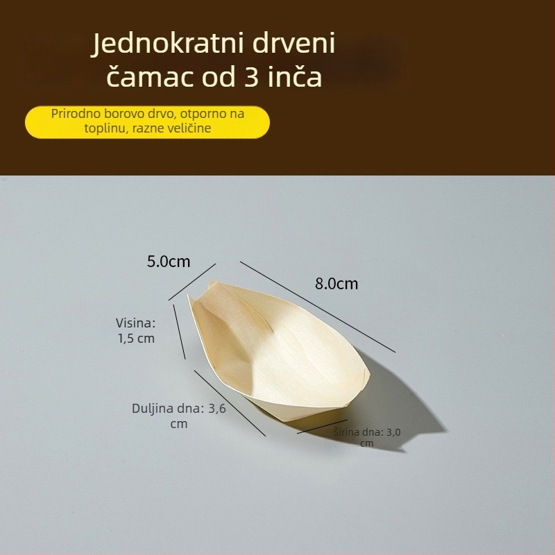 Jednokratna drvena kutija za pakiranje grickalica u obliku broda – materijal: drvo; oblik: brod; rok trajanja: 2 godine; porijeklo: Shandong; razgradivo: da.